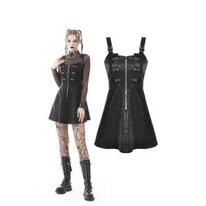 Dark In Love Punk Locomotive Wash Leatherette Strap Mini Dress Black Goth Small